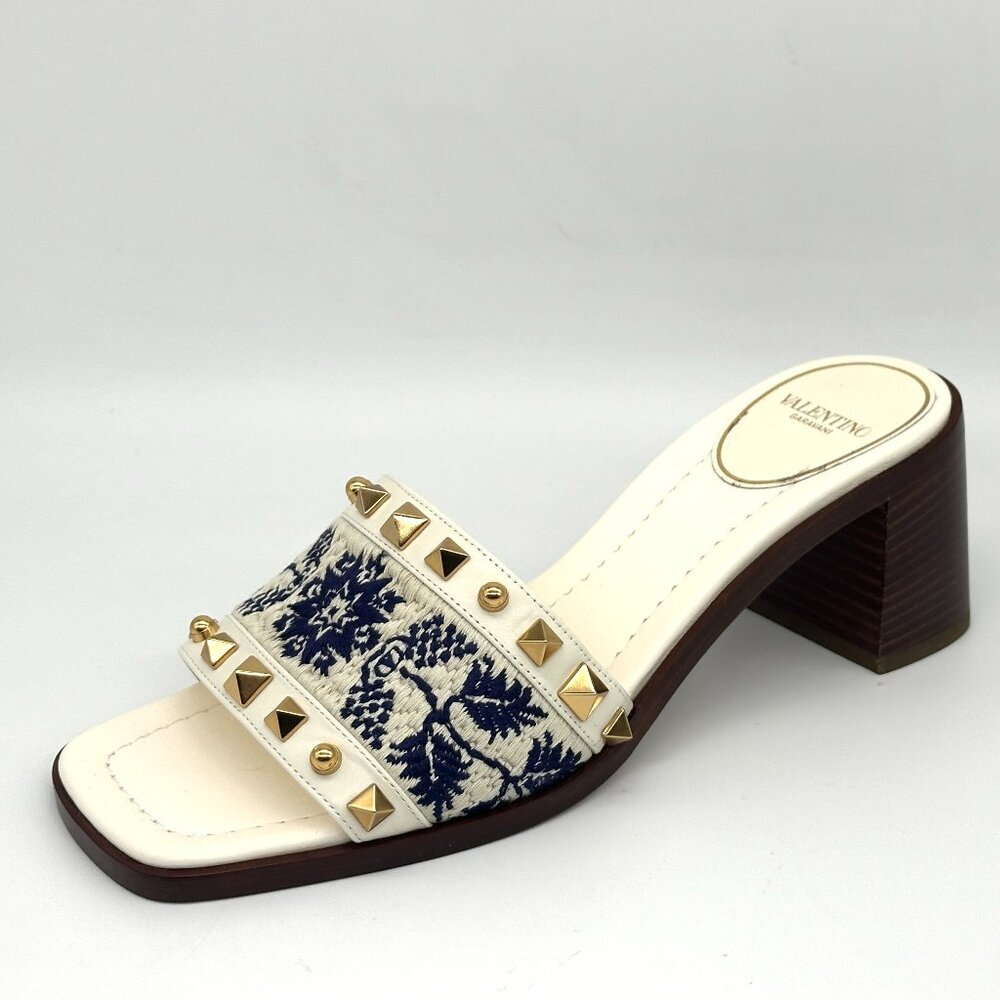 Valentino County Rockstud Slide Sandals Embroidered Mules Heels Shoes - Picture 6 of 16